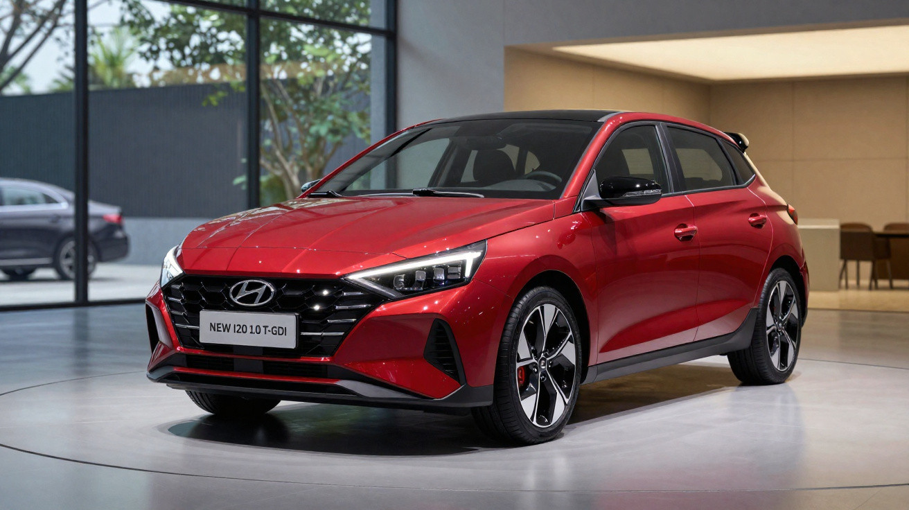 Red Hyundai i20 T-GDI hatchback displayed indoors with modern architecture in the background.