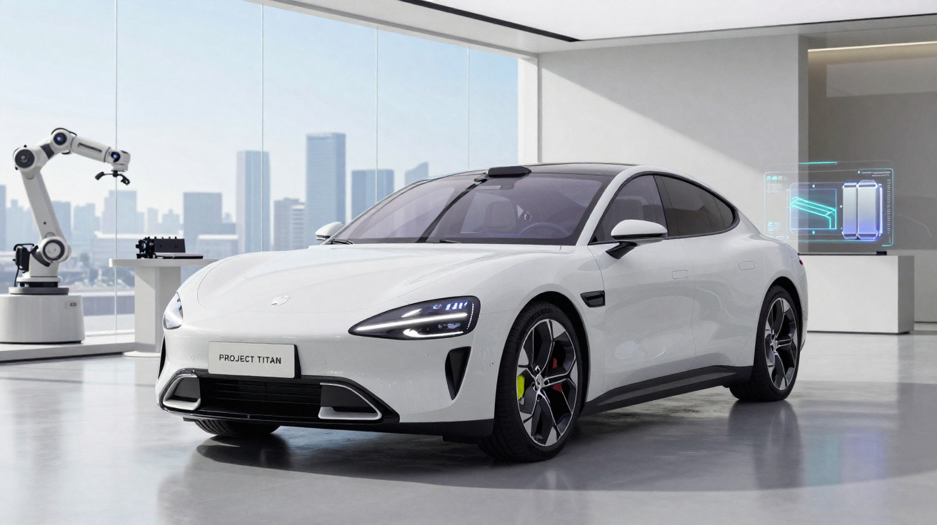 White Project Titan electric sports car inside a bright showroom with robotic arm and city skyline.