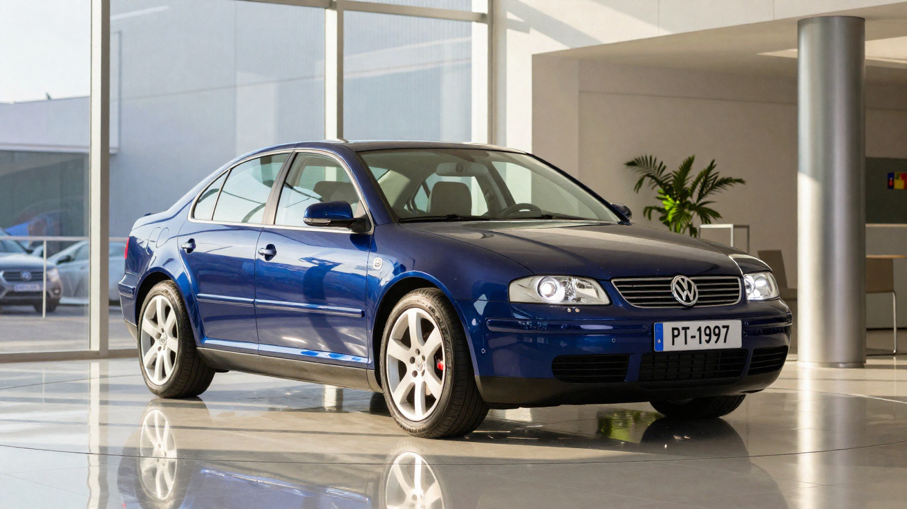 Blue Volkswagen sedan parked indoors on a reflective floor with modern pillars and plants in the background.