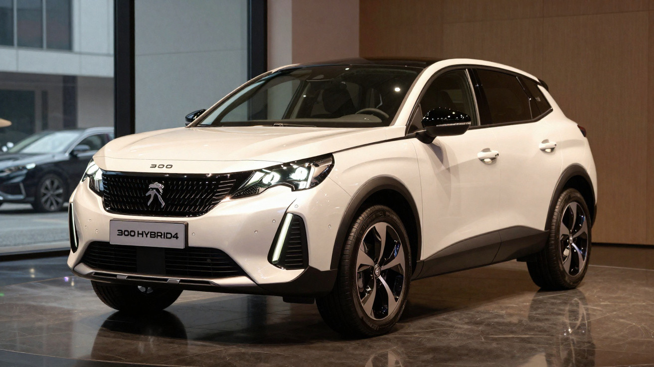 White Peugeot 300 Hybrid4 SUV displayed indoors with modern headlights and black accents.