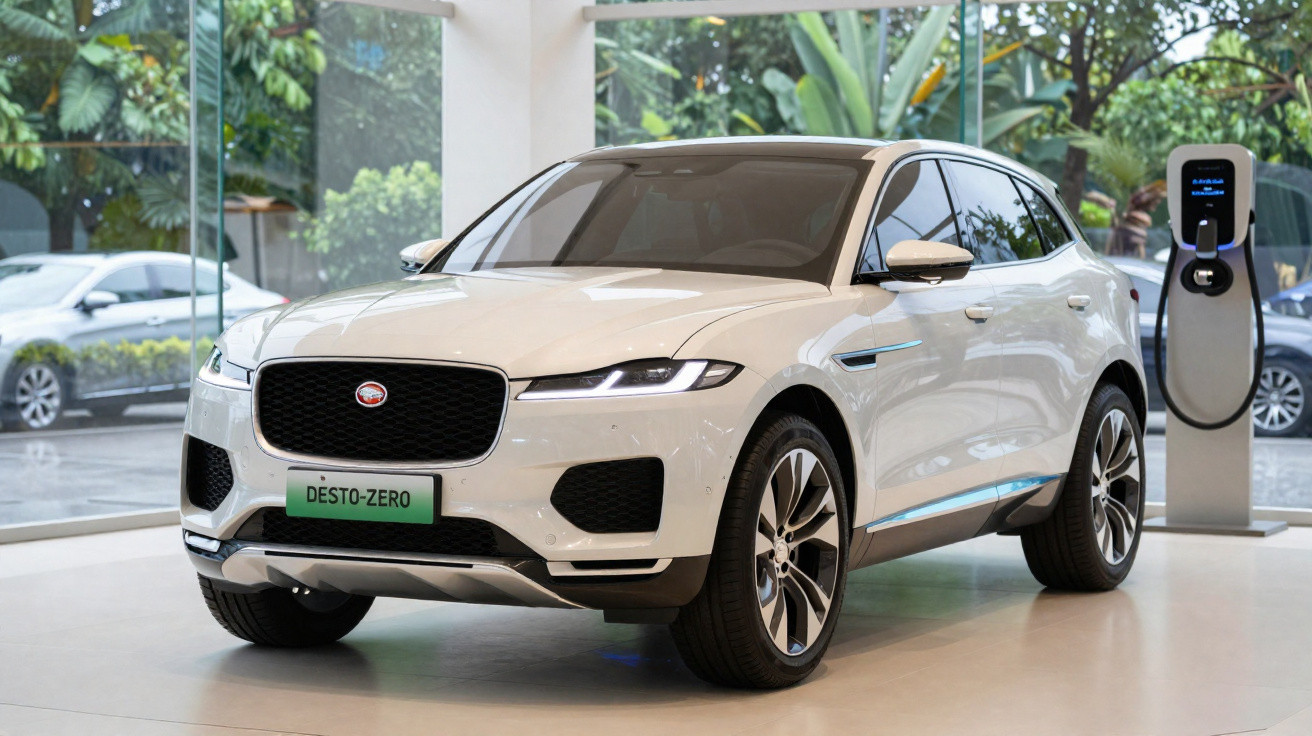 White Jaguar electric SUV displayed indoors next to a charging station and large glass windows.