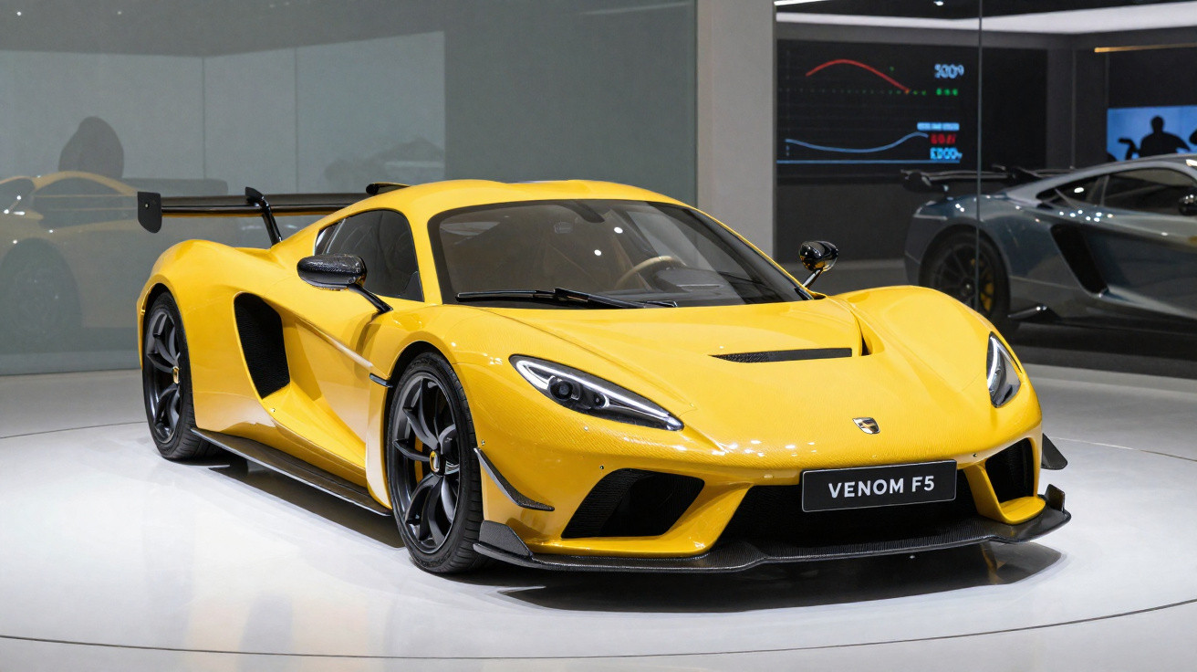 Yellow Venom F5 supercar displayed indoors on a white platform with black accents and sporty design.