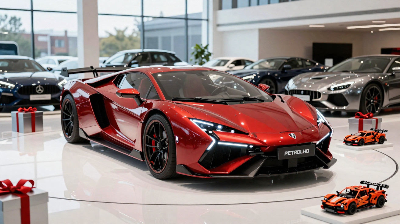 Shiny red sports car on display in showroom with nearby toy car models and wrapped gift boxes.