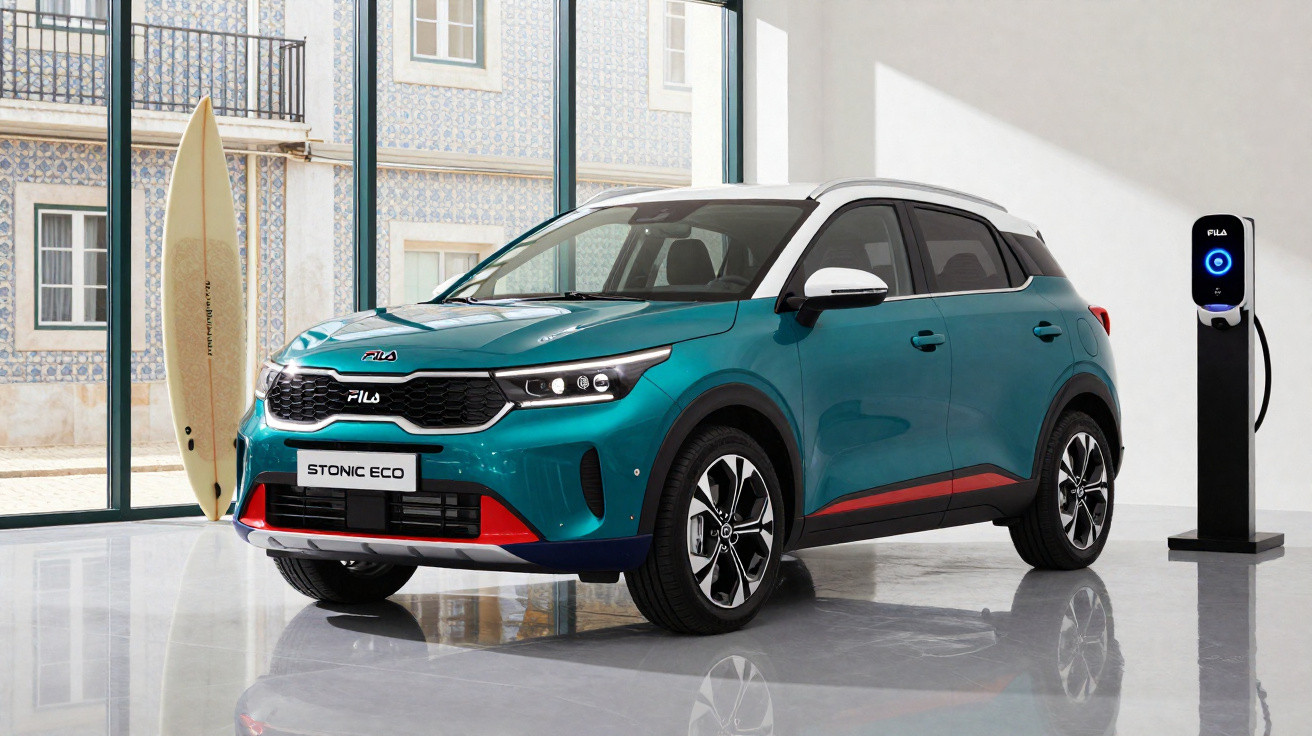 Teal and white Kia Stonic Eco electric car parked indoors next to a charging station and a surfboard.