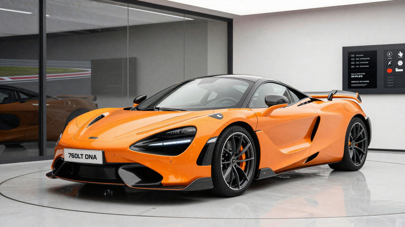 Orange McLaren 760LT DNA sports car displayed in a modern showroom with reflective polished floors.