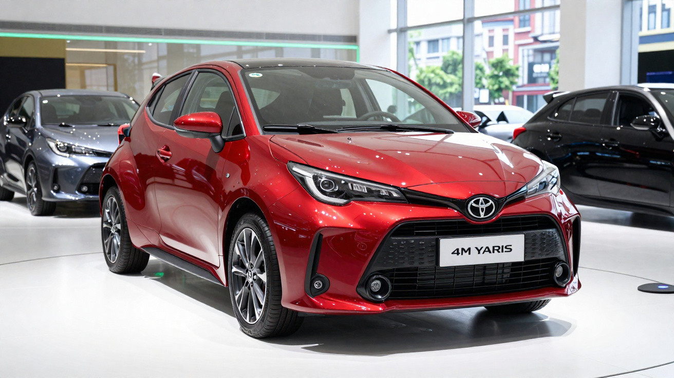 Red Toyota 4M Yaris hatchback showcased indoors with sleek design and alloy wheels.