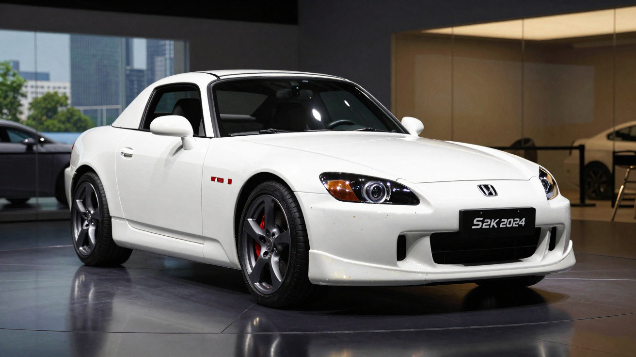 White Honda S2000 sports car displayed indoors with city view through glass behind it