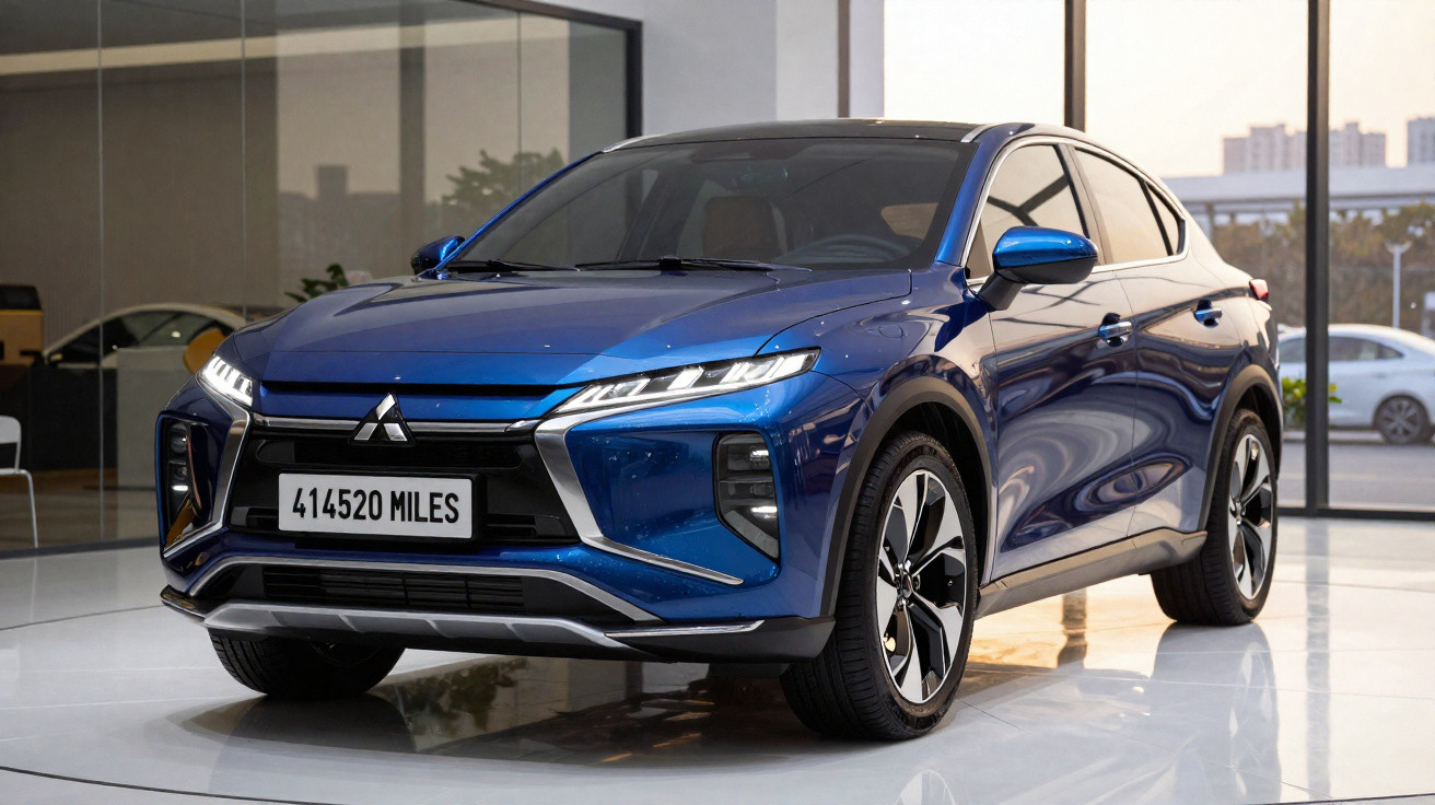 Blue Mitsubishi electric SUV displayed indoors with modern design and digital headlights.