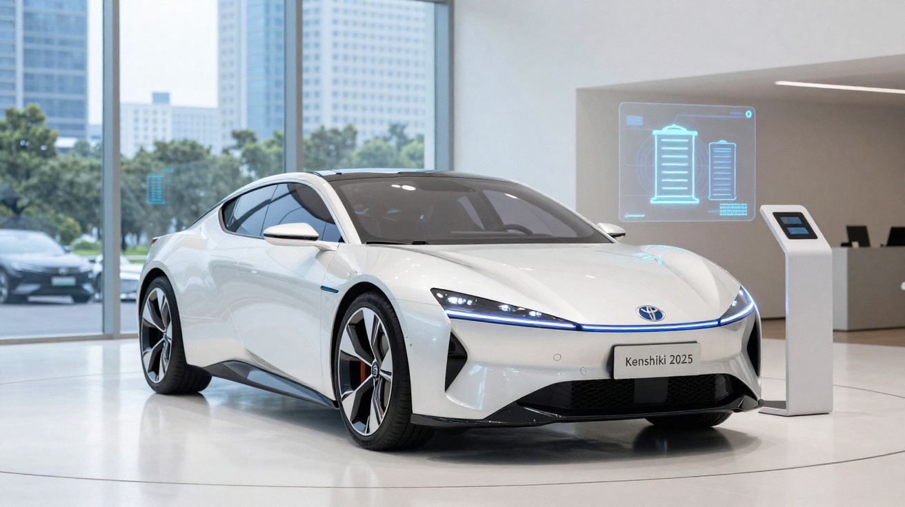 White Toyota Kenshiki 2025 electric sports car on display in modern showroom with digital info panel.