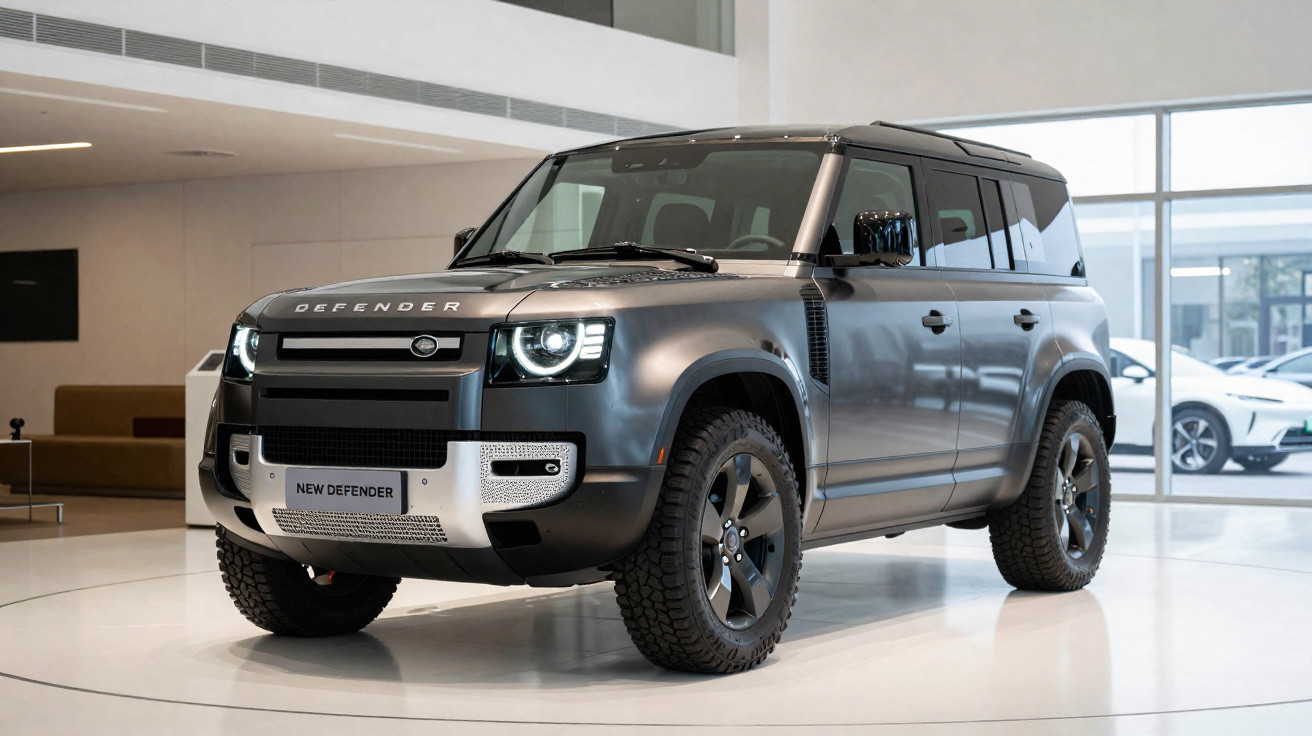 Metallic grey Land Rover Defender 4x4 SUV displayed indoors with large windows in the background.