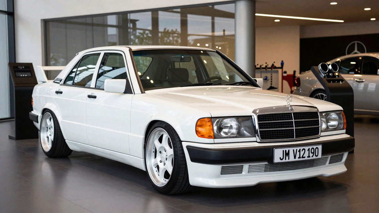 White classic Mercedes-Benz sedan with lowered suspension displayed indoors in a showroom.