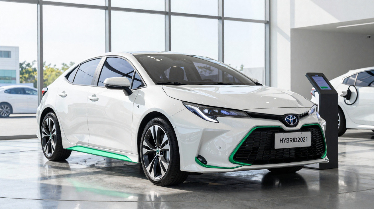 White Toyota hybrid car displayed indoors with green trim and a "HYBRID2021" plate.