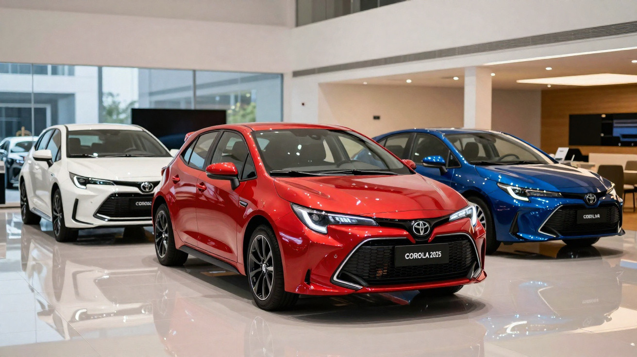 Three Toyota Corolla 2023 models in red, blue, and white displayed in a bright, modern showroom.