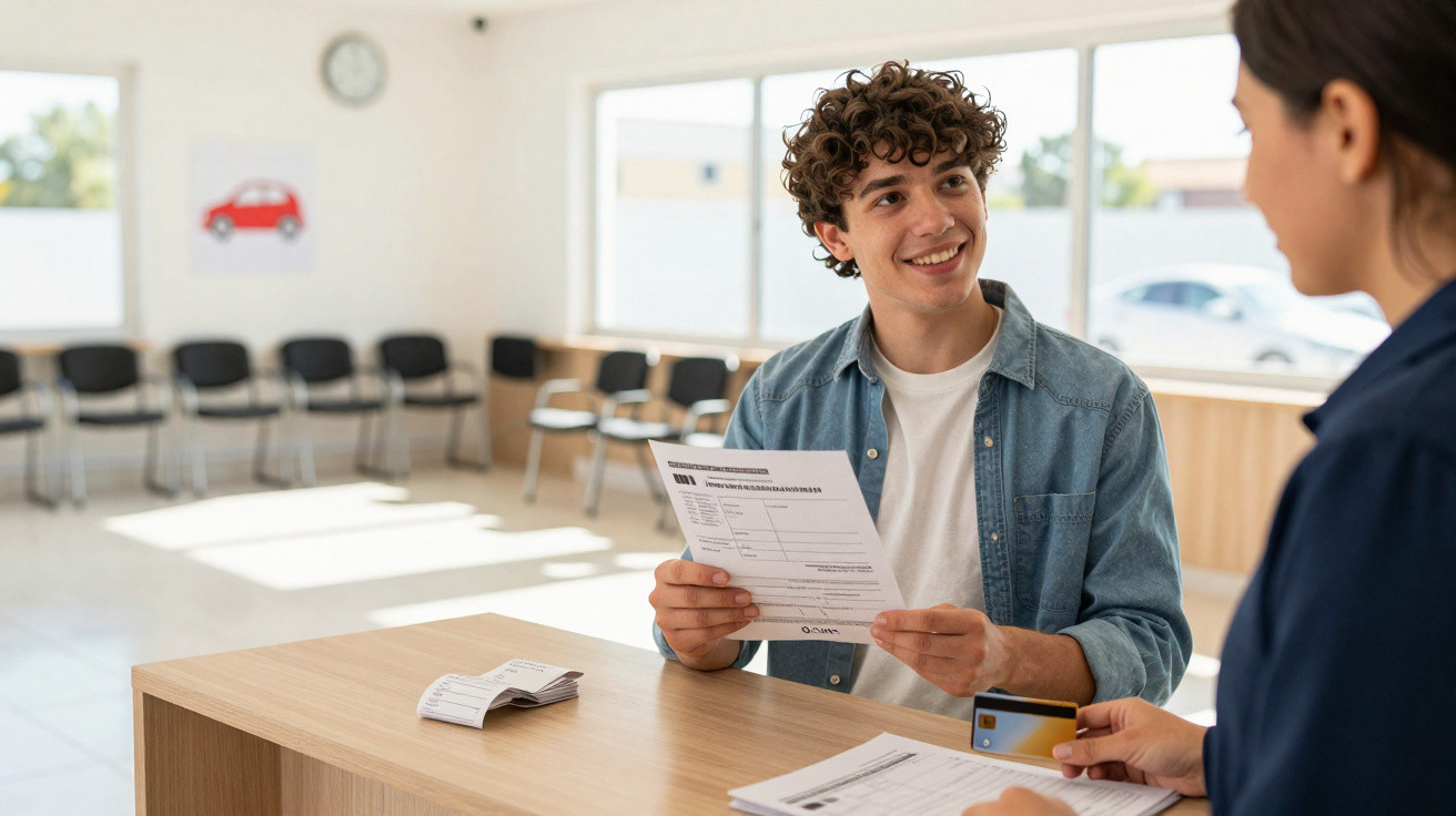 Young man holding paperwork and smiling while talking to a female receptionist at a service desk.