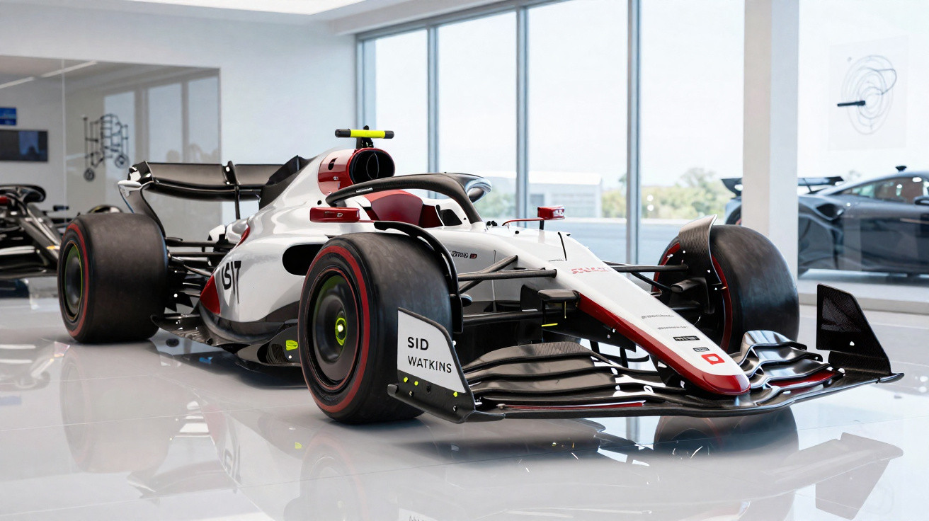 Modern white and red Formula 1 race car on display in a bright showroom with large windows.
