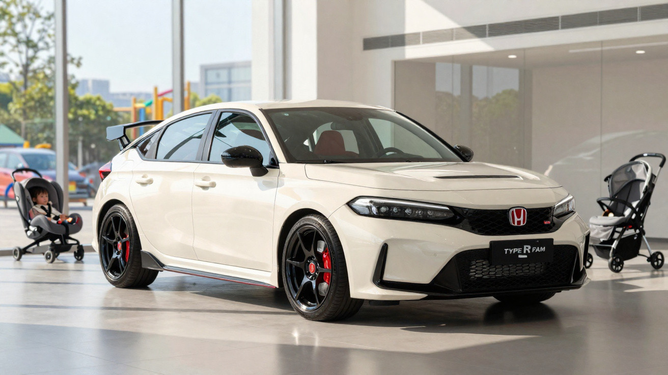 White Honda Civic Type R parked indoors with two baby strollers and a child in the background.