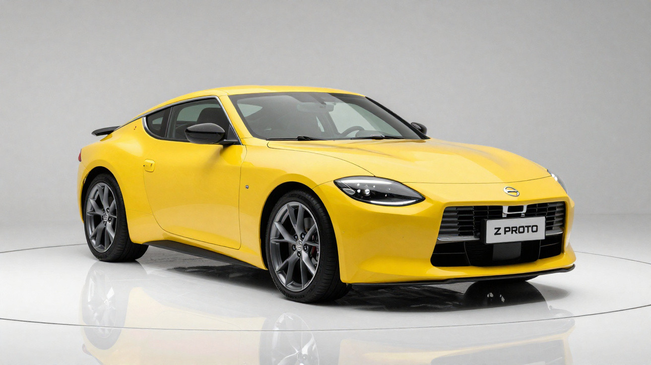 Yellow Nissan Z Proto sports car displayed on a white circular platform against a plain background.