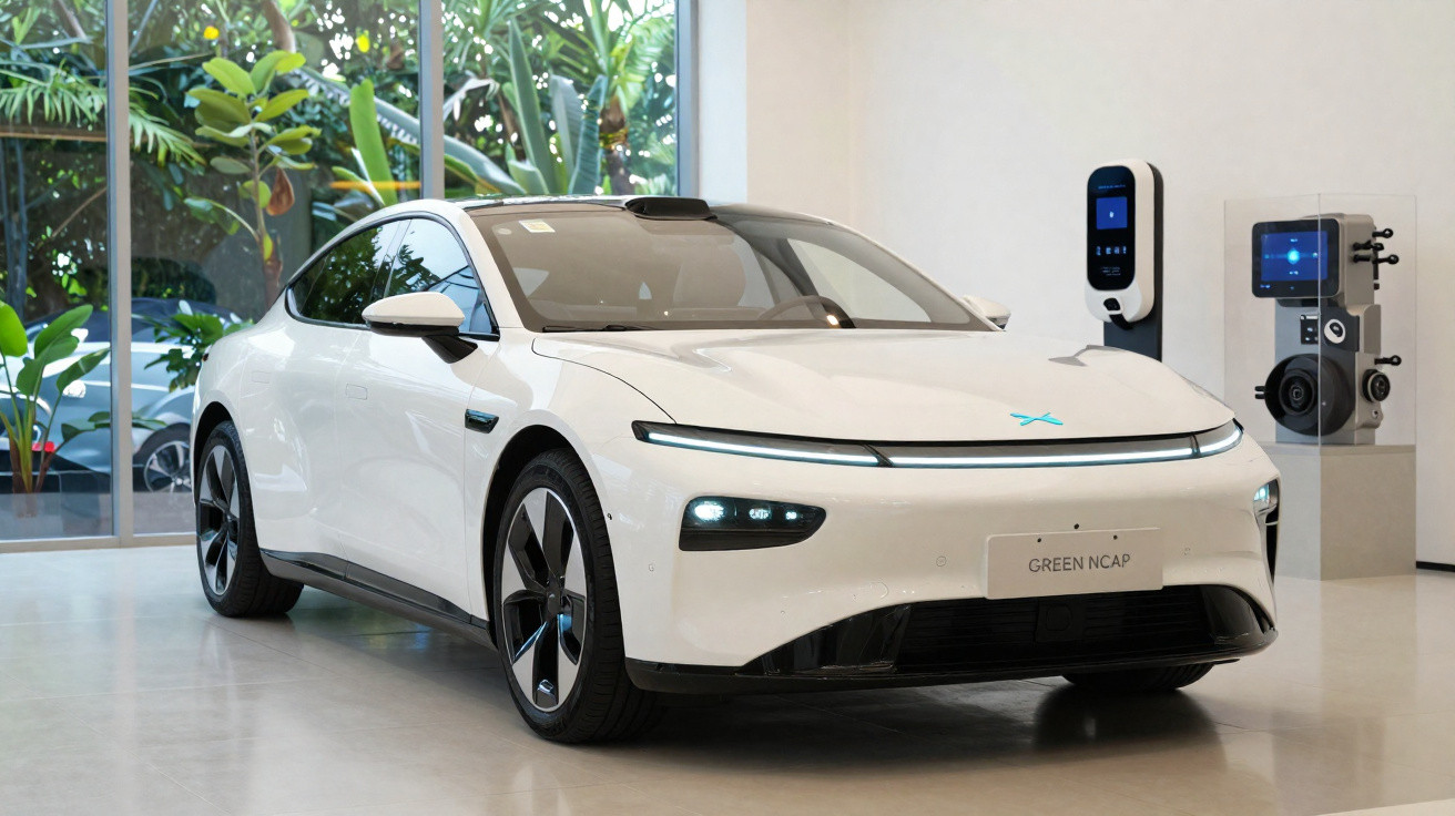 White electric car displayed indoors near charging station and equipment with green foliage outside windows.