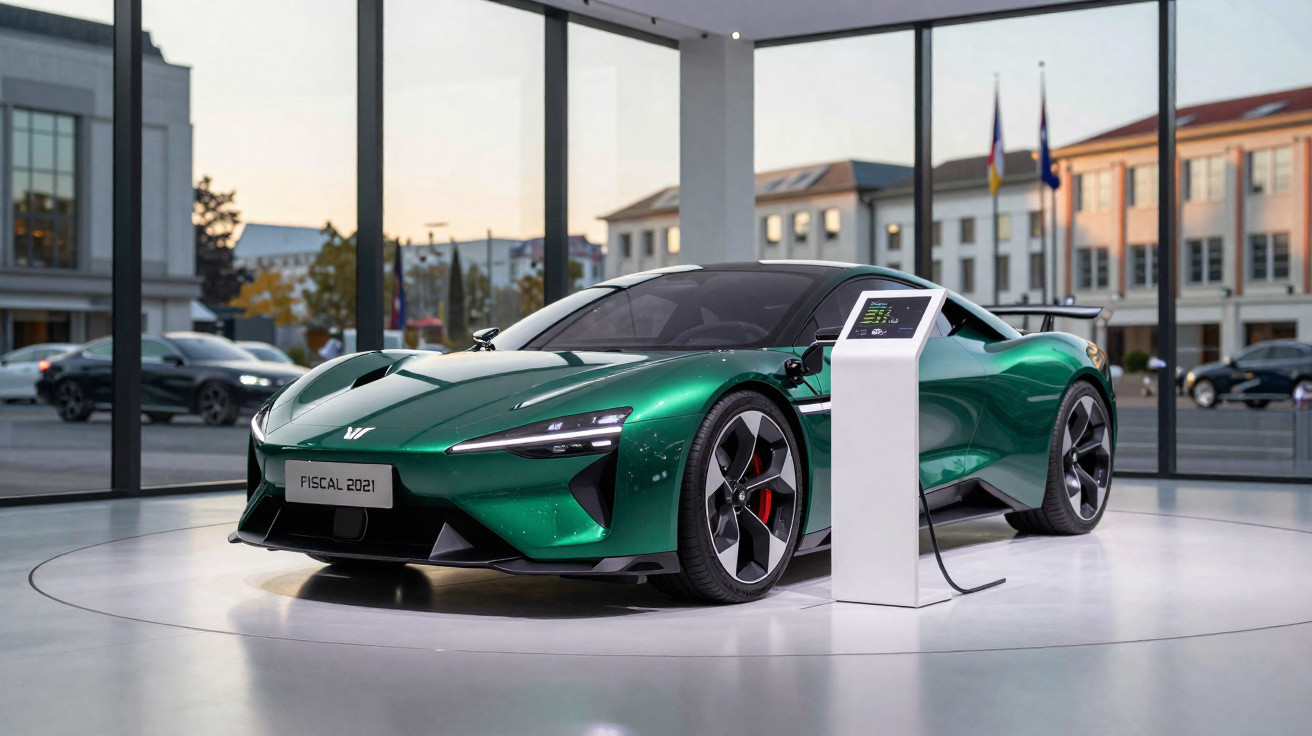 Green futuristic electric sports car charging inside a modern showroom with glass walls and city buildings visible outside.