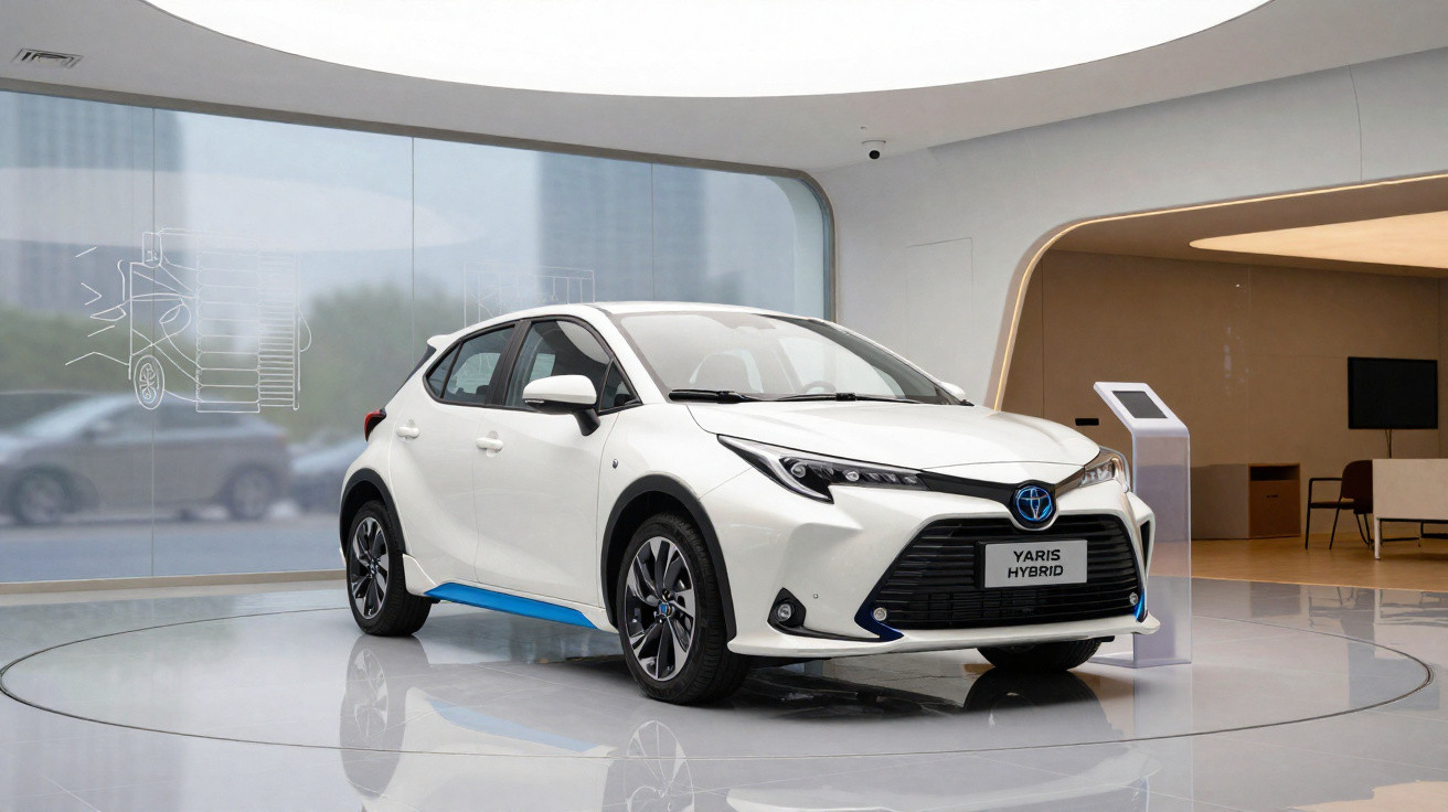White Toyota Yaris Hybrid displayed on a circular platform in a modern showroom with curved glass walls.