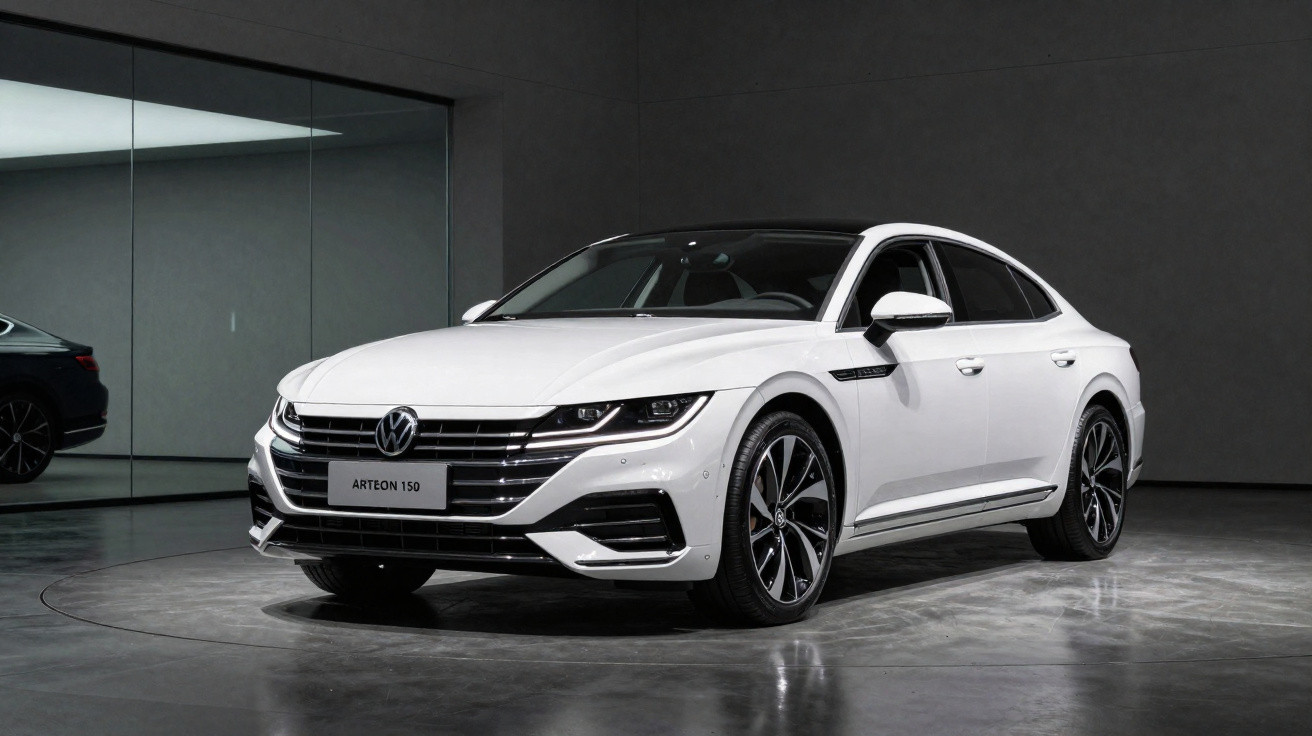 White Volkswagen Arteon 150 sedan parked indoors on a polished concrete floor with a dark wall backdrop.