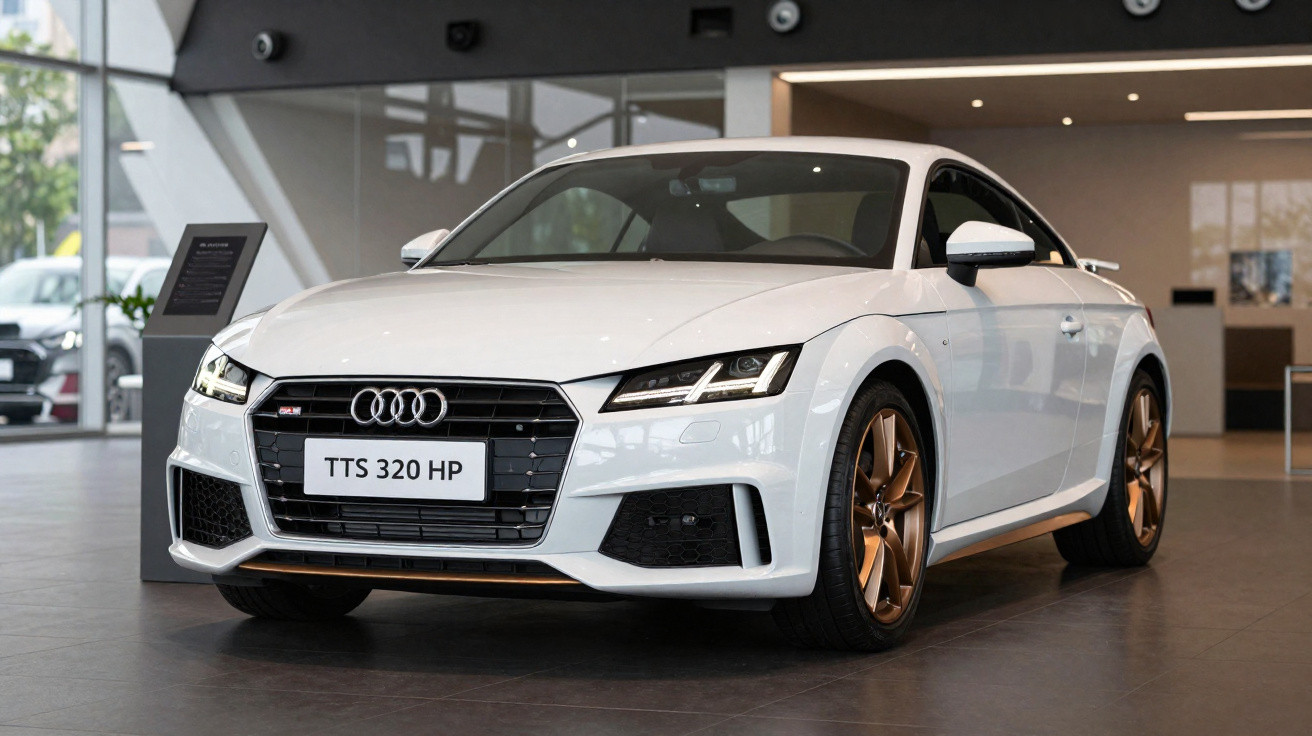White Audi TTS coupe with bronze alloy wheels displayed in a showroom with modern interior.