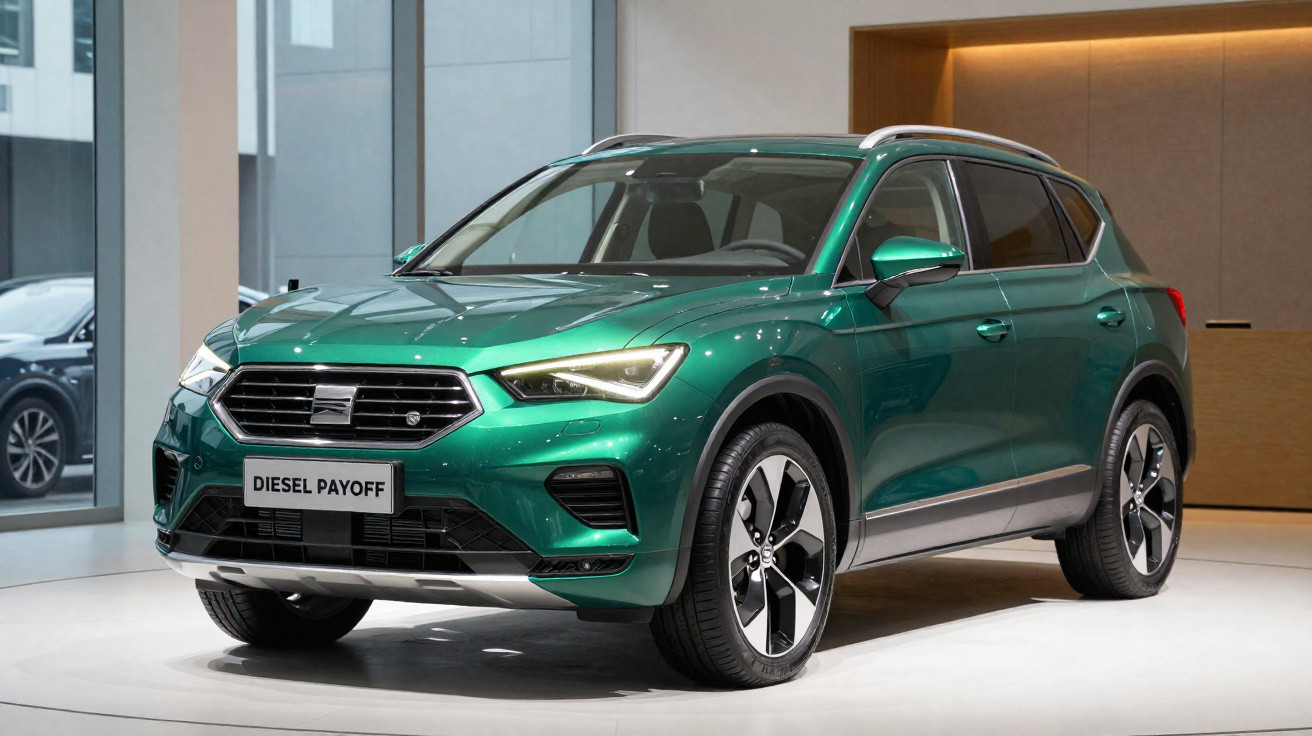 Green Seat SUV car displayed indoors with "DIESEL PAYOFF" license plate.