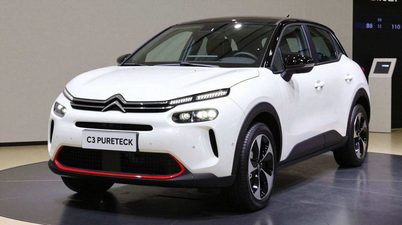 White Citroën C3 PureTech hatchback with black roof and red trim on display indoors