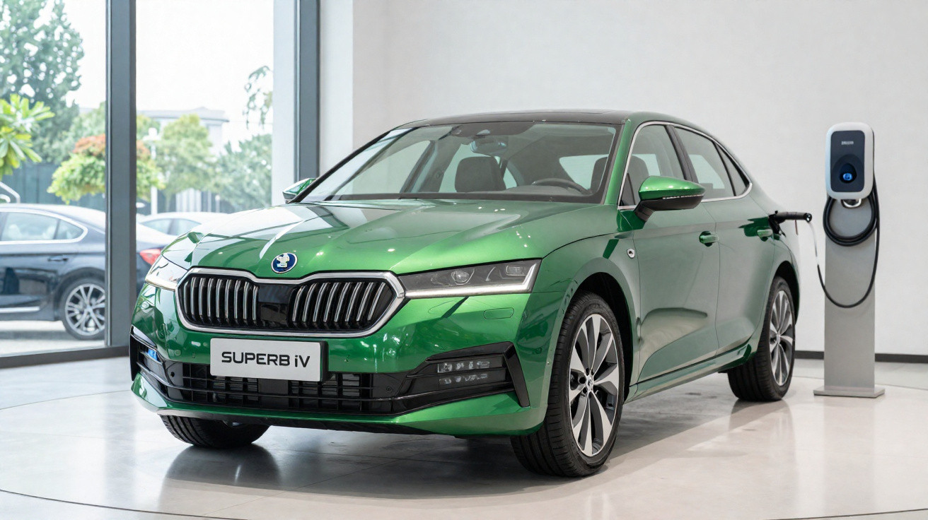 Green Skoda Superb iV electric car plugged into a charging station indoors, shown from front-left angle.