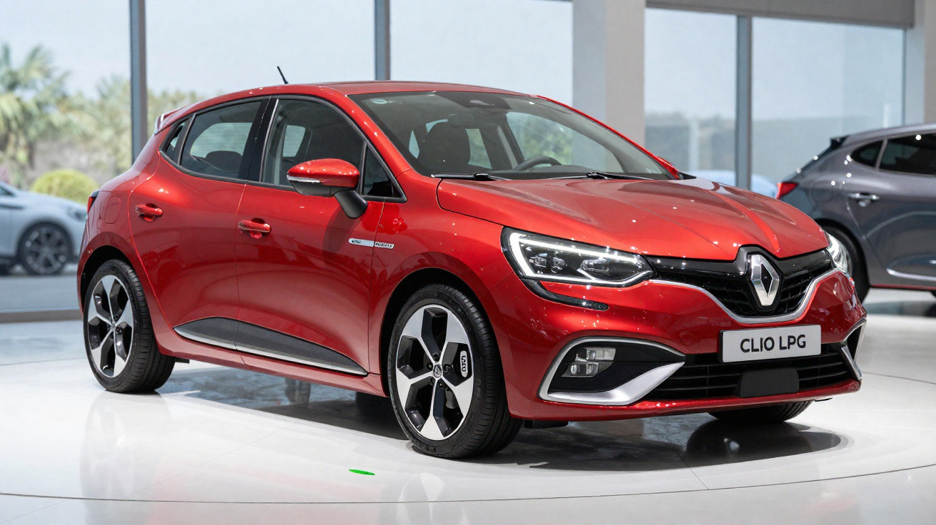 Red Renault Clio LPG hatchback displayed indoors on a white platform with modern showroom background.