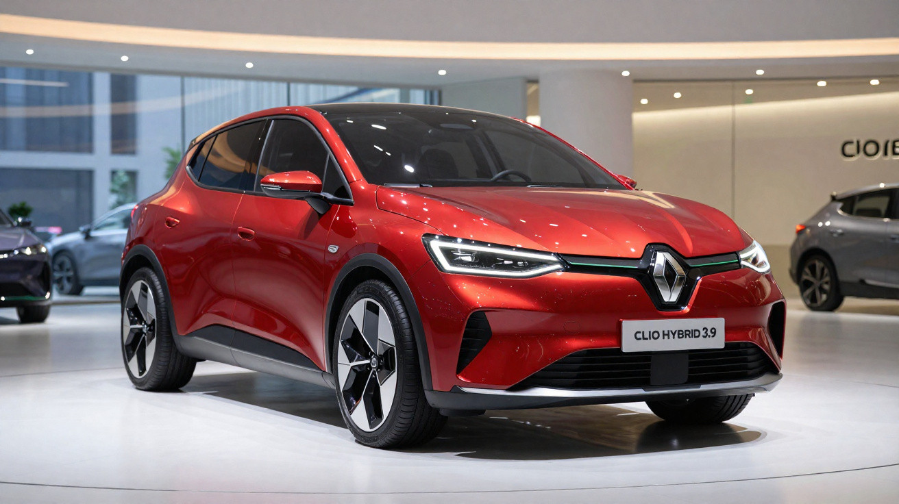 Red Renault Clio Hybrid 3.9 car displayed indoors with modern headlights and aerodynamic design.