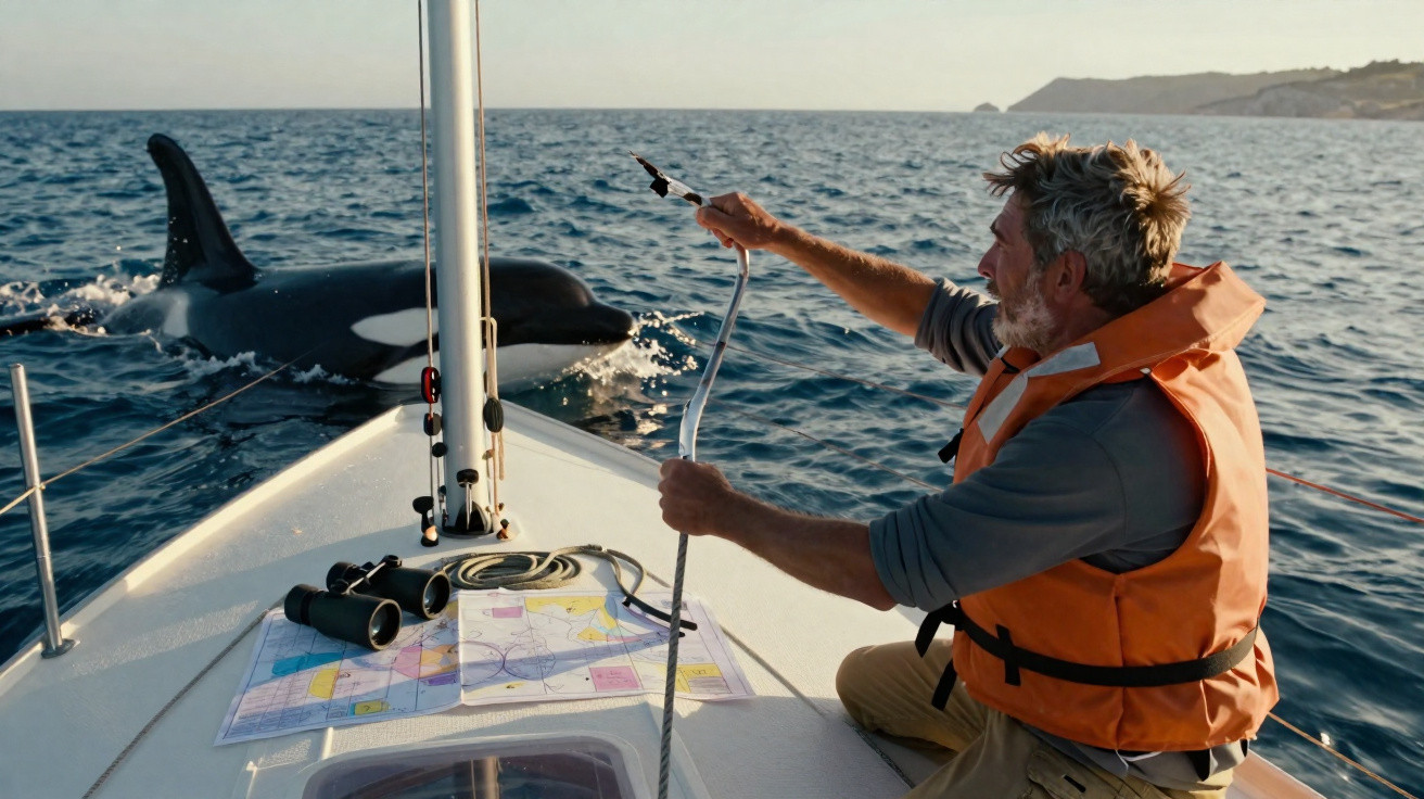 Man in orange life jacket on boat reaching out towards orca whale swimming nearby in open sea with coastline in background