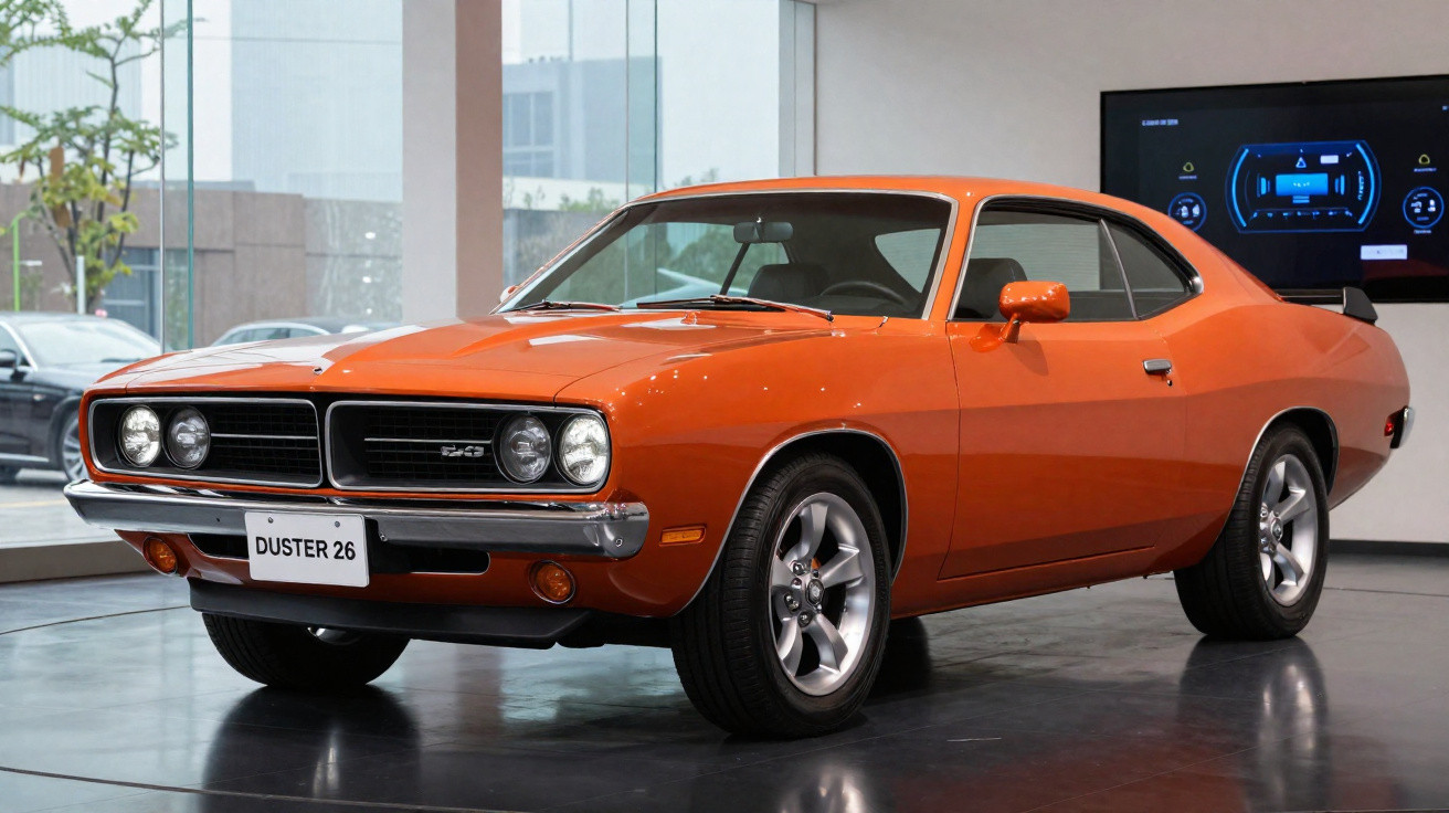 Orange classic muscle car displayed indoors with sporty wheels and chrome bumper, labelled Duster 26.