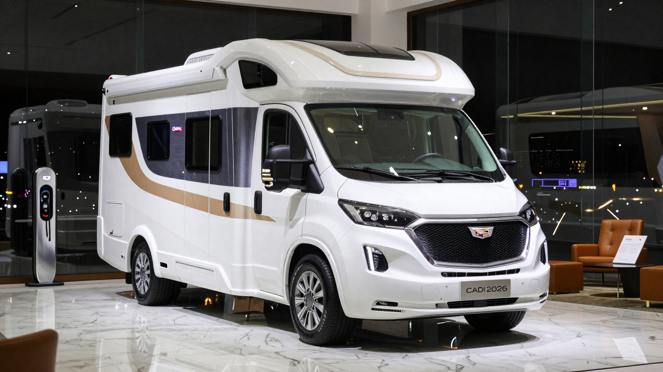 White modern camper van with gold accents displayed indoors on a polished marble floor under bright lights