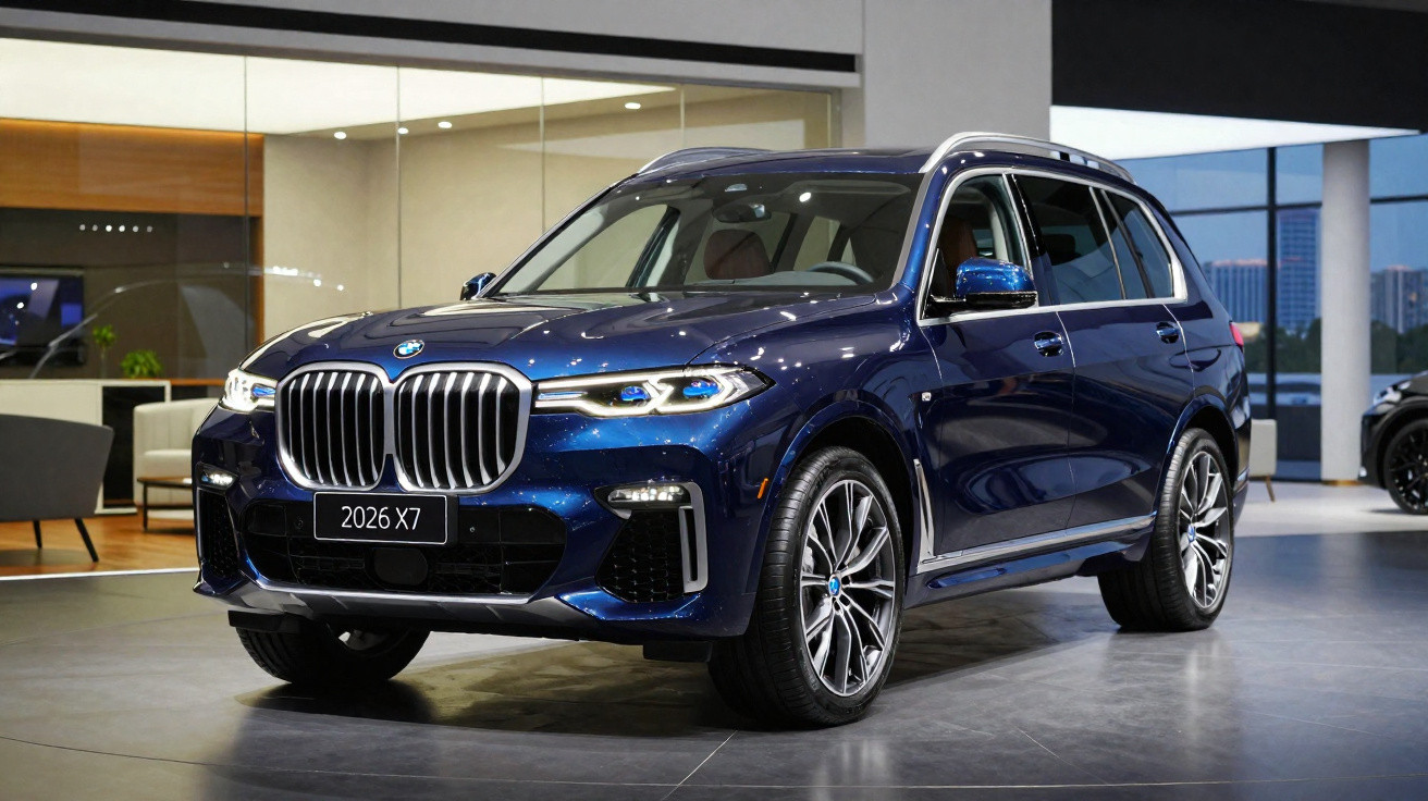 Blue 2026 BMW X7 luxury SUV displayed in a modern showroom with large kidney grille and sleek headlights.