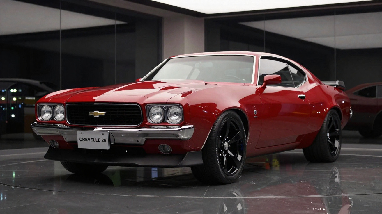 Red Chevrolet Chevelle 26 classic muscle car with black rims displayed indoors on shiny floor.