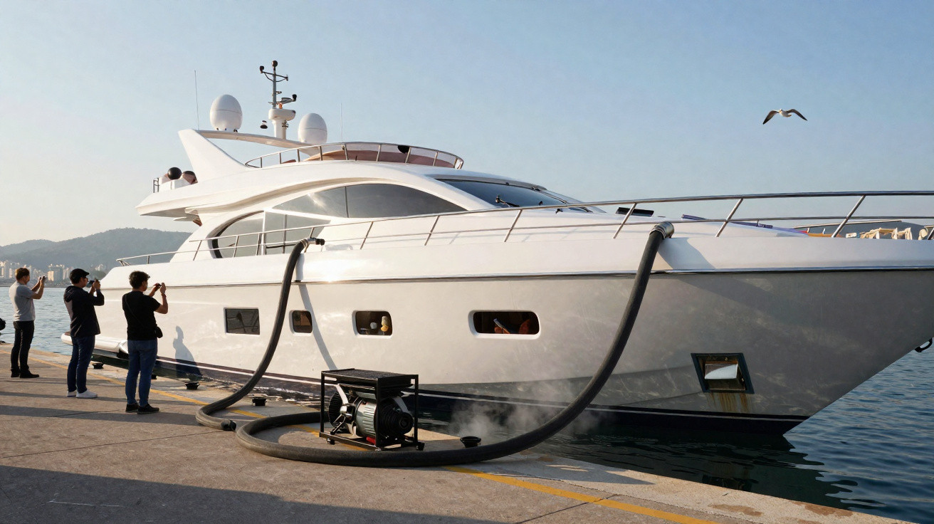 Large white luxury yacht docked at harbour with people taking photos from the quay in daylight.