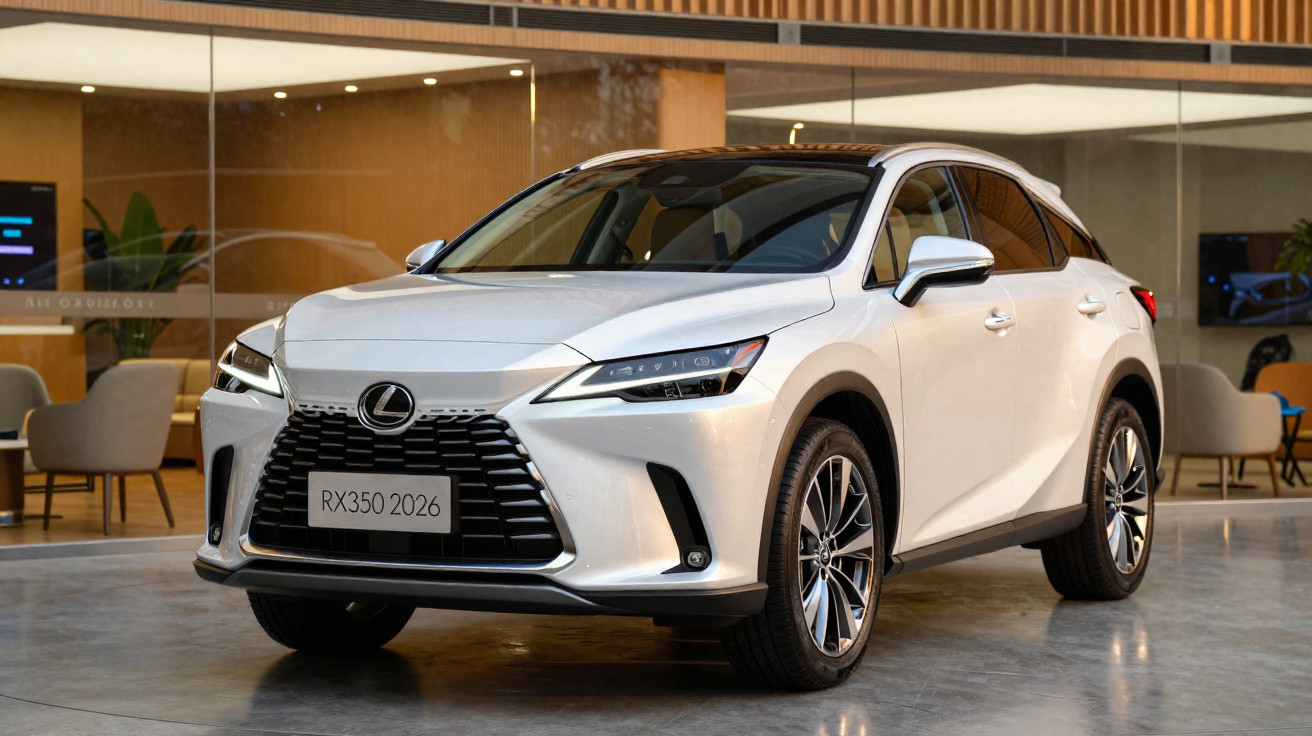 2026 white Lexus RX350 parked indoors with modern furniture and glass walls in the background.