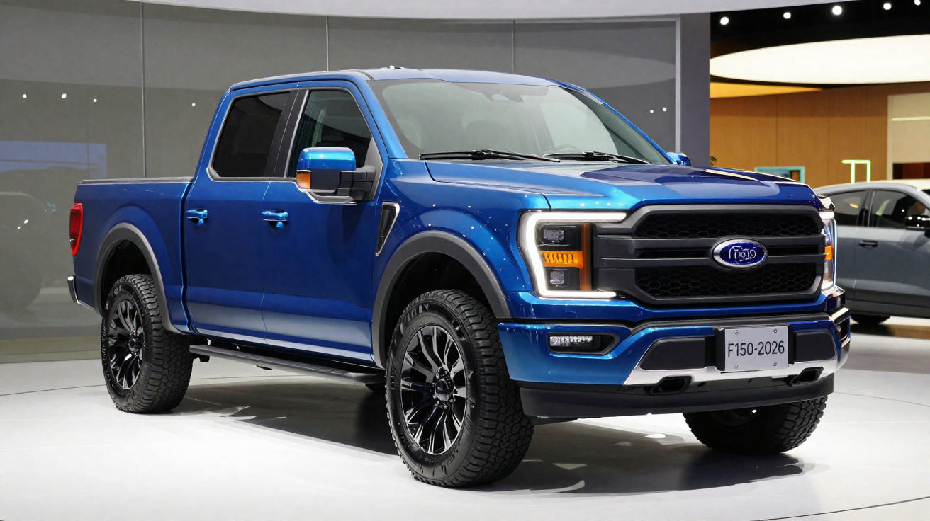 Blue Ford F-150 pickup truck displayed indoors, with four doors and black alloy wheels.