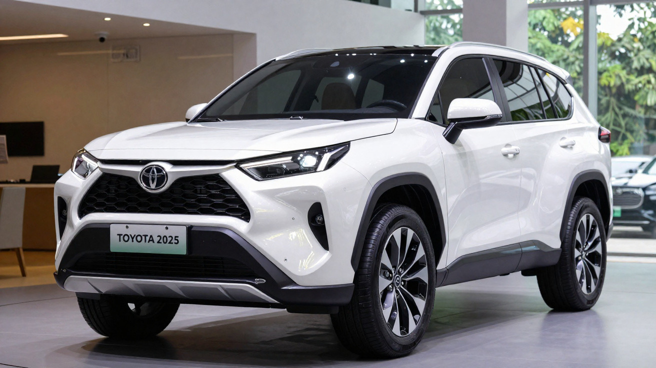 White 2025 Toyota SUV parked indoors with black detailing and modern front grille design.