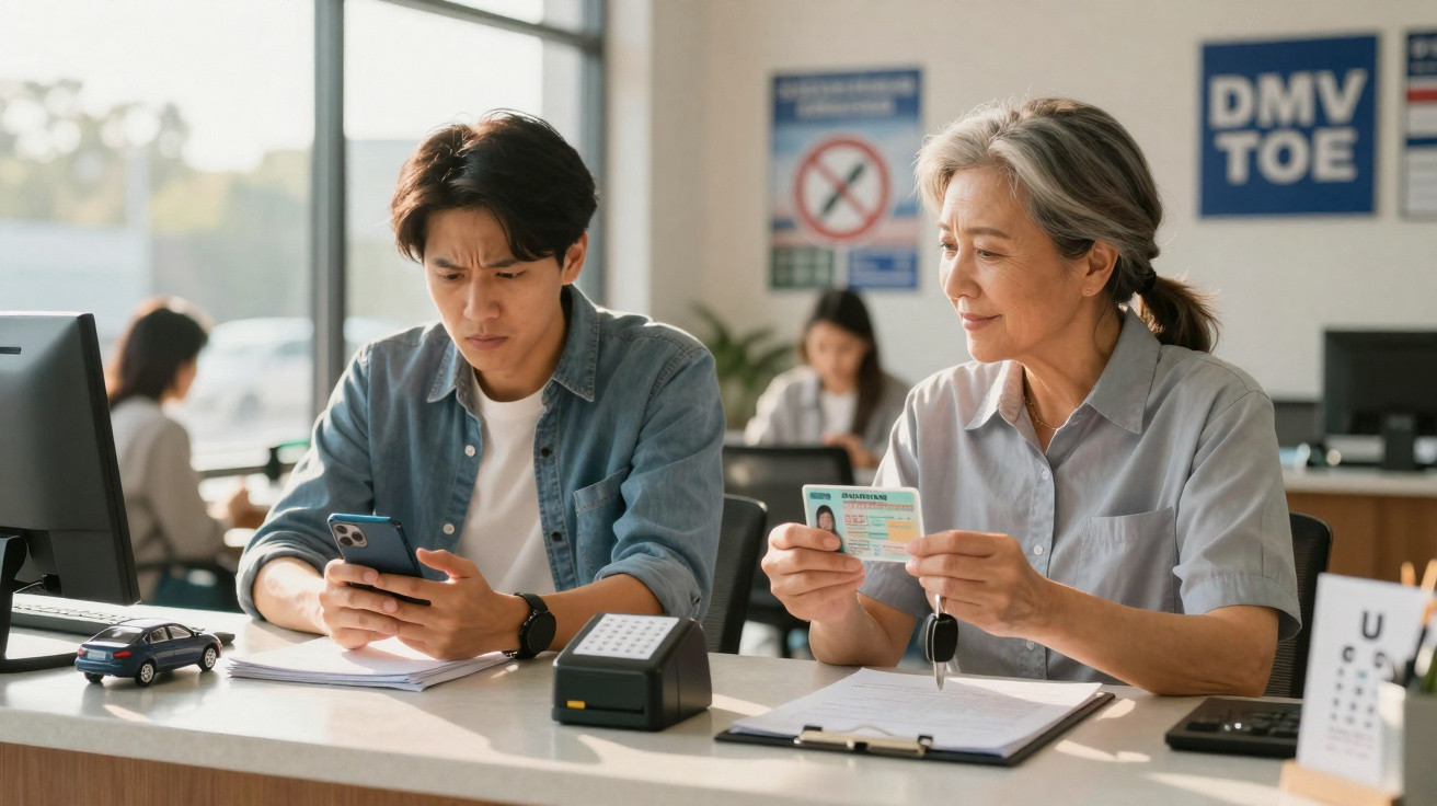 An older woman holding a driving licence and keys sits beside a man using a smartphone at a DMV office.