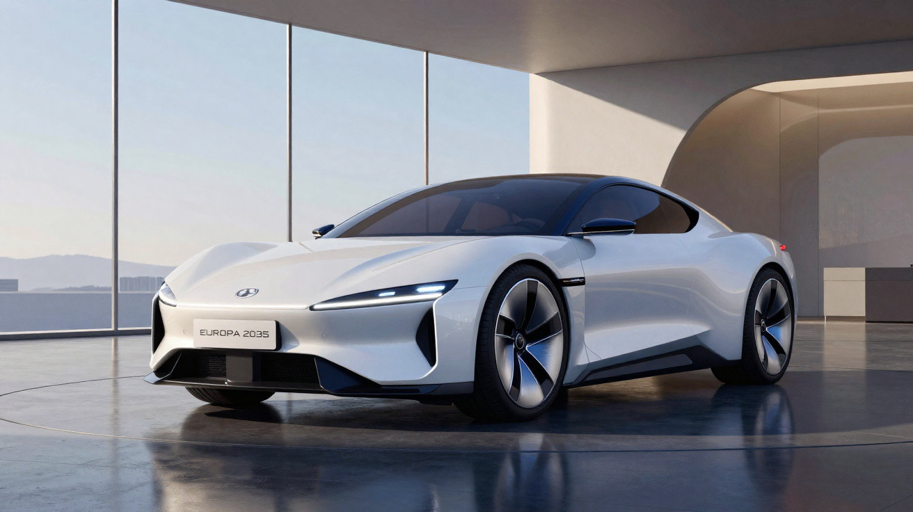 Sleek white futuristic Hyundai Europa 2035 electric sports car in a modern showroom with large windows.