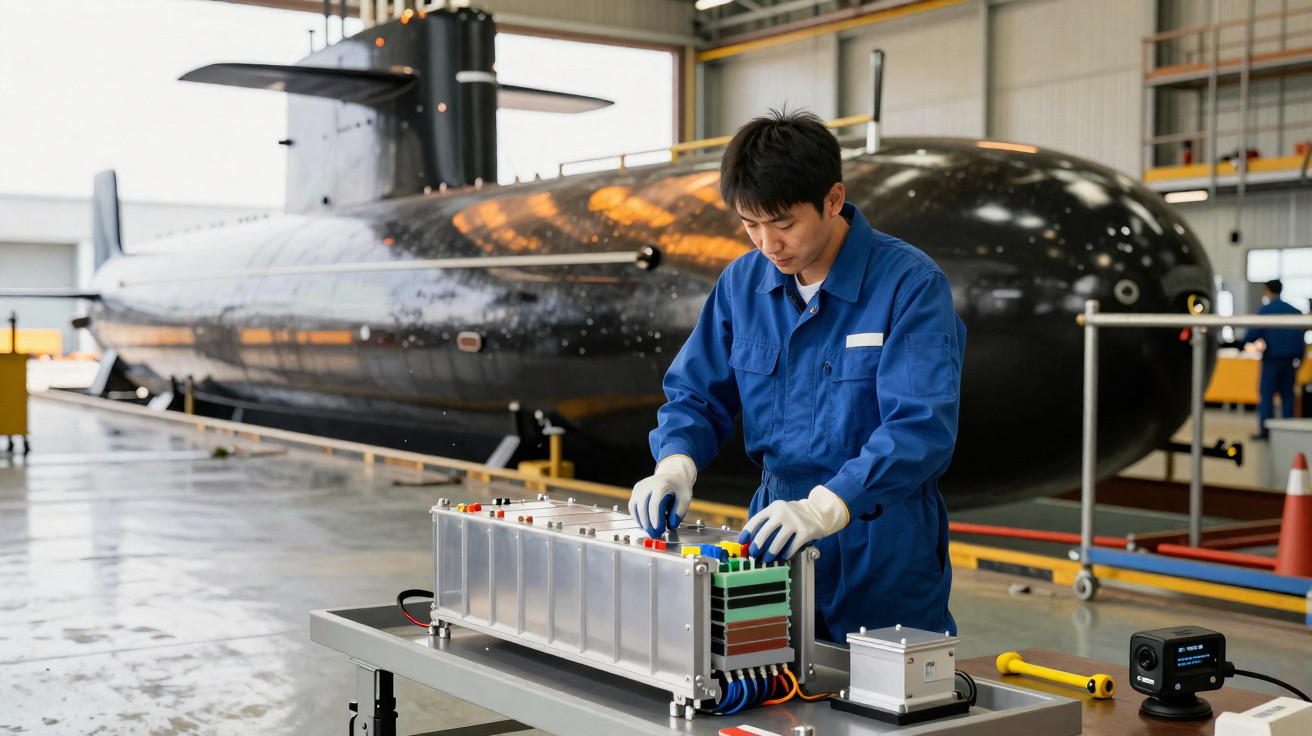 Technician in blue coveralls working on battery pack with a submarine in the background inside a maintenance hangar.