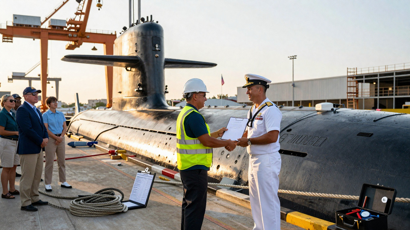 A naval officer and worker shaking hands by a submarine docked at a shipyard with onlookers nearby.