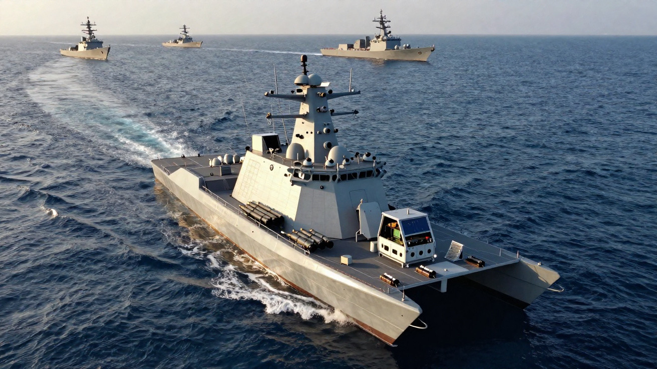 Four modern naval warships sailing in formation on calm sea waters under clear skies.