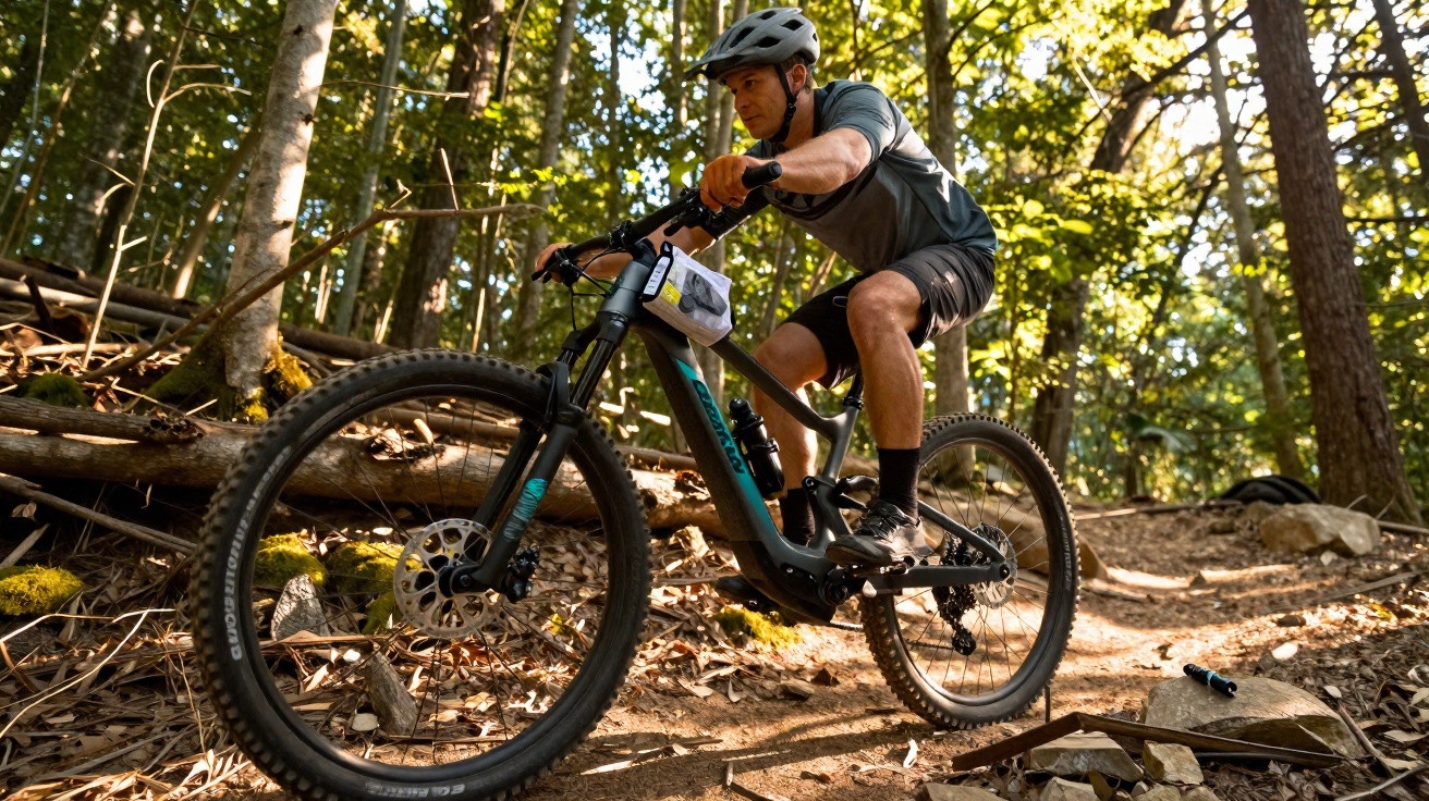 Man wearing helmet mountain biking on forest trail with sunlight filtering through trees