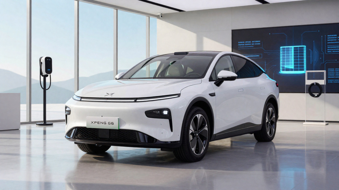 White XPeng G6 electric car displayed in a modern showroom with charging station and digital screen background.