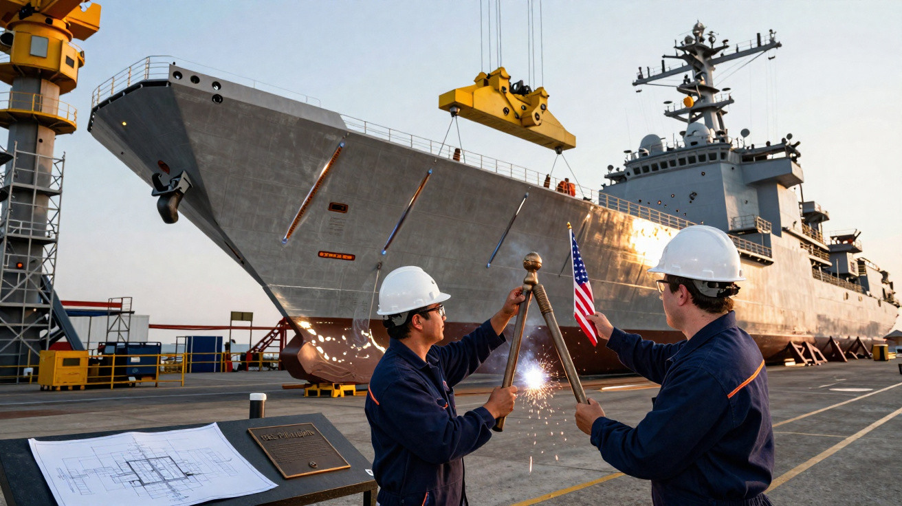Two shipyard workers in helmets welding near large naval ship under crane at dockyard at sunset