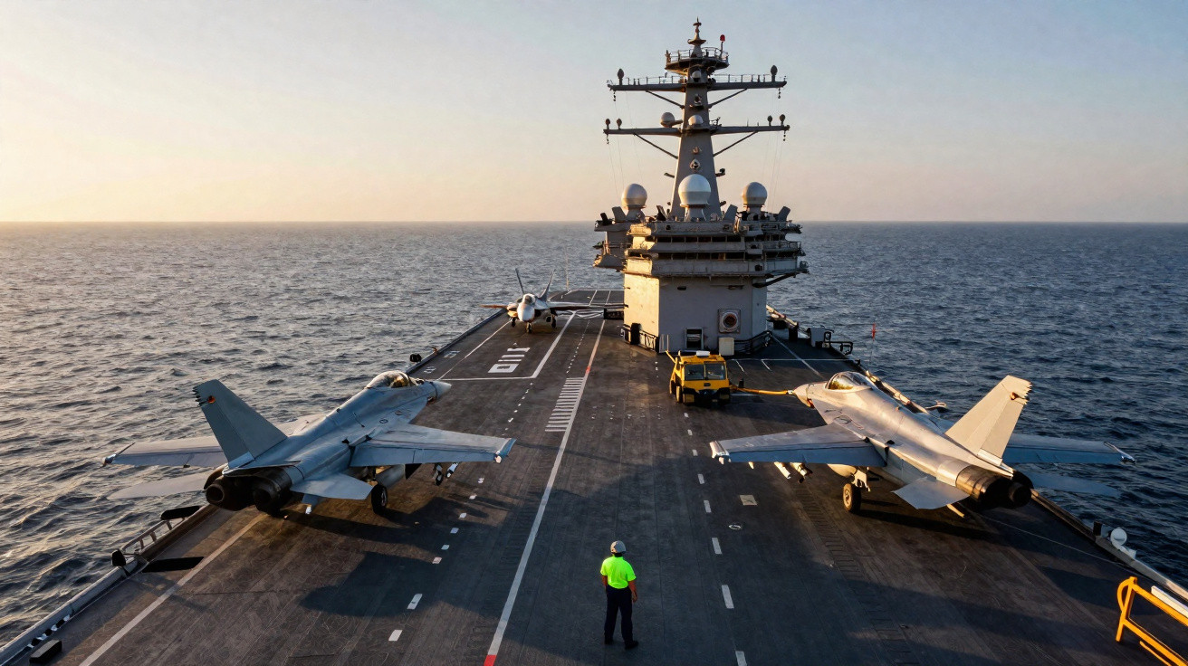 Aircraft carrier deck with fighter jets and a crew member in a neon vest standing near the centre at sunset.