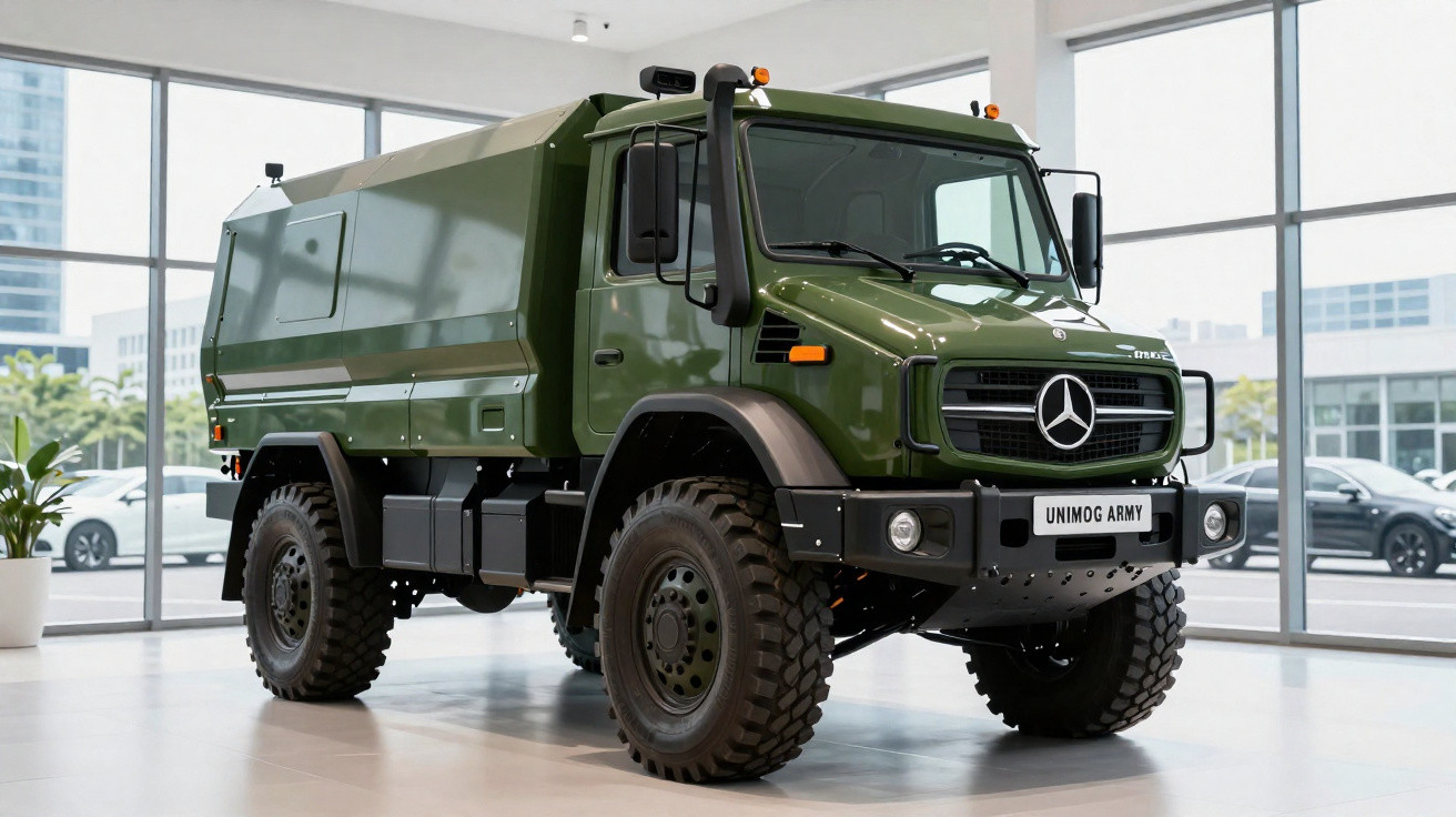 Green Mercedes-Benz Unimog Army truck displayed indoors in a modern showroom with large glass windows.